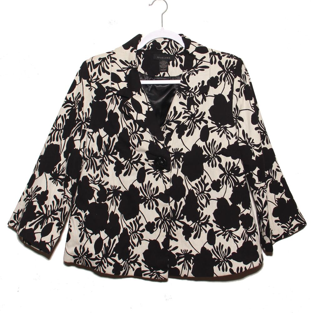 Vintage Silkland Floral Blazer Size Large Cotton Blend 3/4 Sleeve